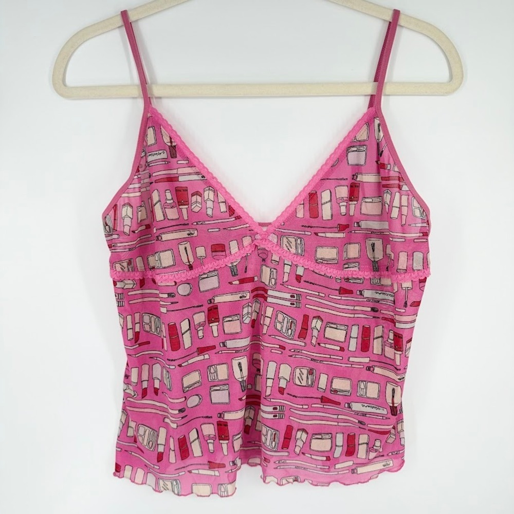 VTG Y2K Old Navy Sheer Babydoll Camisole XL Pink Cosmetics Print Lettuce Hem